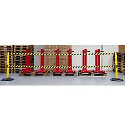 RS-GUIDESYSTEMS® Slagboom GLA 250, dubbele band, bandverlenging 4 m, voetplaat Ø 410 mm, geel/zwart-geel