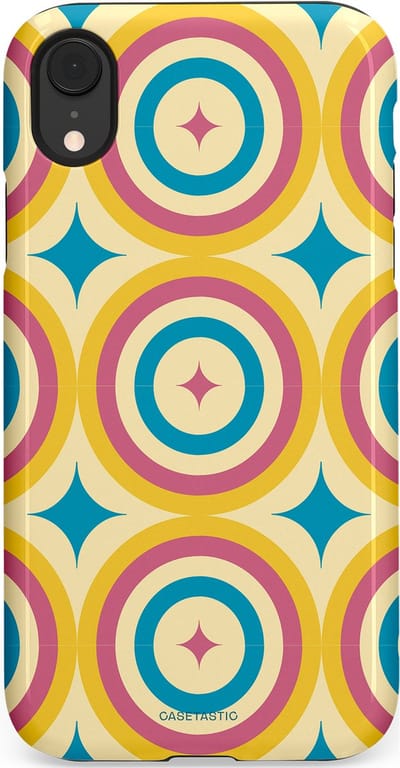 Casetastic hoesje geschikt voor Apple iPhone XR - Dubbellaagse bescherming - Swinging Retro Boogie Circles - Fashion Case - Crème Goud Lichtblauw Koraal