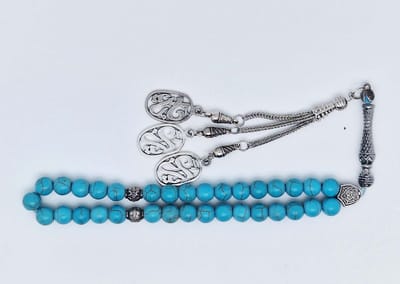 Handgemaakte tesbih klassiek - "Tasbih" natuursteen " Turkoois" - Aantal kralen 33 - Diameter kralen 8 MM - met metaal tassel "yarab" - Een mooi cadeau-idee