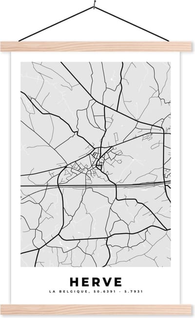 Posterhanger incl. Poster 40x60 cm - Schoolplaat - België – Herve – Stadskaart – Kaart – Zwart Wit – Plattegrond - Textielposter - Blanke latten - Stadskaart
