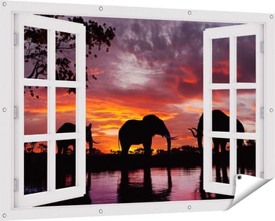 Gards Tuinposter Doorkijk Olifanten tijdens Zonsondergang - Silhouet - 150x100 cm - Tuindoek - Tuindecoratie - Wanddecoratie buiten - Tuinschilderij