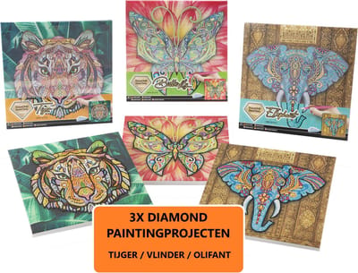 Diamond Painting Kinderen 3pcs - diamond painting pakket volledig - Thema Dieren - Diamond painting op canvas - Inclusief Diamond painting pen en schudbakje - Eindresultaat ophangen aan de muur
