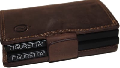 Oi Hunter bruine leren portemonnee met dubbele figuretta Cardprotector / compacte beurs met dubbele metalen pasjeshouder / 2 anti skim kastjes in kleine portemonnee / Hunter bruin leer / 535AH