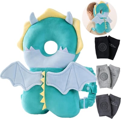 Baby Beschermingsset - Hoofdbeschermer Rugzak - Leren Lopen Kruipen - Zachte Kristal Fluweel - 4 Delig - Draak B