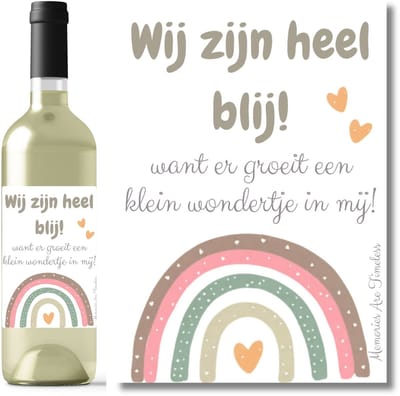 Wijnetiket - Aankondiging zwangerschap - Wij zijn heel blij - Er groeit een klein wondertje in mij - Regenboog