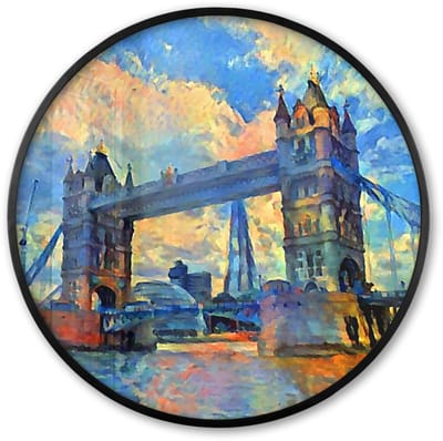 Poster in lijst Rond - Fotolijst 60x60 cm - Posters - Schilderij - Londen - Brug - Olieverf - Ronde posterlijst zwart - Decoratie - Wanddecoratie woonkamer - Muurdecoratie slaapkamer