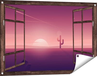 Gards Tuinposter Doorkijk Zonsondergang in de Woestijn met een Cactus - 90x60 cm - Tuindoek - Tuindecoratie - Wanddecoratie buiten - Tuinschilderij