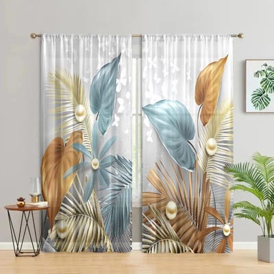 2 stuks, oude Britse kunst gouden vlinder blad gordijnen -30% verduisterend - geschikt voor woonkamer, slaapkamer en huisdecoratie W150CM H166CM&Rod pocket white