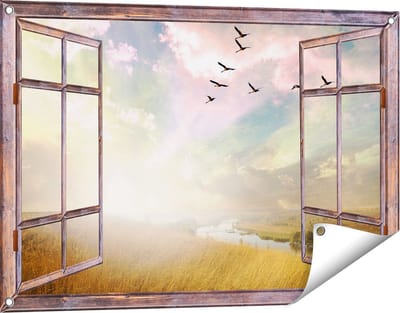 Gards Tuinposter Doorkijk Groep Vogels Vliegen Boven het Gras - 90x60 cm - Tuindoek - Tuindecoratie - Wanddecoratie buiten - Tuinschilderij