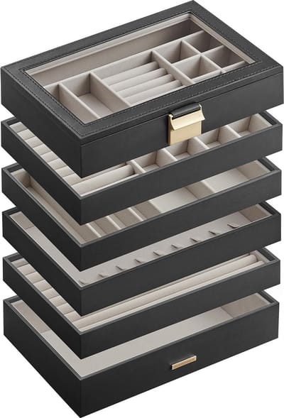 Famanu - Sieradendoos 6 lagen stapelbaar met glazen deksel 17x28x25 cm – zwart