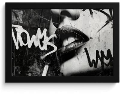 Poster in lijst - Fotolijst 30x20 cm - Posters - Gezicht - Mond - Graffiti - Zwart - Posterlijst zwart - Decoratie - Wanddecoratie woonkamer - Muurdecoratie slaapkamer