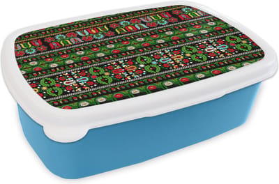 Broodtrommel Blauw - Lunchbox - Brooddoos - Patronen - Hongaars - Folklore - 18x12x6 cm - Kinderen - Jongen