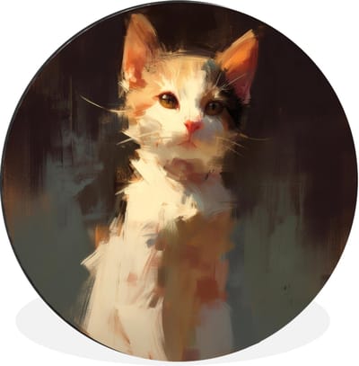 WallCircle - Wandcirkel - Muurcirkel - Kat - Geschilderd - Artistiek - Wit - Aluminium - Dibond - 30x30 cm - Binnen en Buiten
