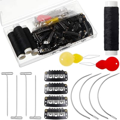 Dailygoods- Haarextensions Set - 85PCS Clip in Echt Haar - 50 U-Vorm Snap Clips - 10 Gebogen Naalden - 20 T-Pins - Opbergdoos voor Pruik Maken - Pruikaccessoires