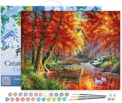 Figured'Art Schilderen op Nummer Volwassenen met lijst - Rivier en boot in de herfst - Handwerk acrylverf Kit DIY Compleet - 40x50cm Canvas al ingelijst