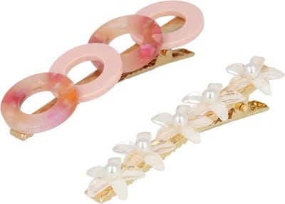 Haarsoires Haarspeld Duckklem 6cm – Cirkel- en Bloemvorm – Wit Roze – Set van 2 - Sterke Haarclip voor Styling & Dagelijks Gebruik - Hair Clip - Decoratieve Haaraccessoire