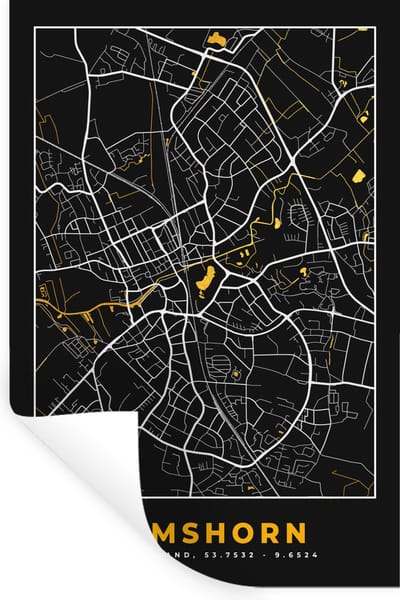 Muurstickers - Sticker Folie - Duitsland – Black and Gold – Elmshorn – Stadskaart – Kaart – Plattegrond - 20x30 cm - Plakfolie - Muurstickers Kinderkamer - Zelfklevend Behang - Zelfklevend behangpapier - Stickerfolie