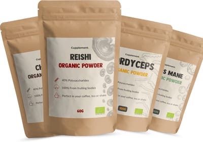 Cupplement Combipack Paddenstoelen Poeders Standaard pakket - 5 Delige Set Met 60 Gram Reishi, Chaga, Lions Mane & Cordyceps Biologisch - Inclusief Opschuimer & Scoops - Geen Capsule of Extract - Superfood - Pruikzwam - Mushroom