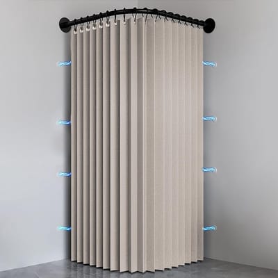 Douchegordijn met haken, wasbaar hoekdouchegordijn van stof, magnetische douchegordijnen voor badkamer, 150 g/m², beige, 180 x 200 cm