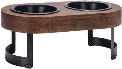 Designed by Lotte Mavira Voerbak/Drinkbak Hond - Verhoogde Dinerset Eetbak/Waterbak Hond - Hout/RVS - Zwart - 2x800 ml