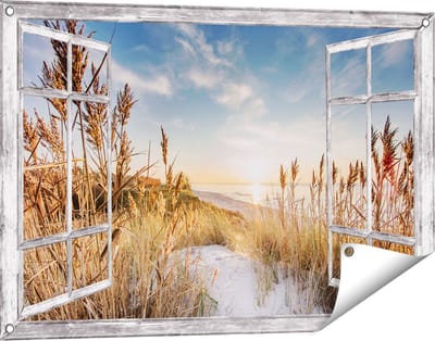 Gards Tuinposter Doorkijk Strand en Zee vanuit Duinen met Zonsondergang - 90x60 cm - Tuindoek - Tuindecoratie - Wanddecoratie buiten - Tuinschilderij