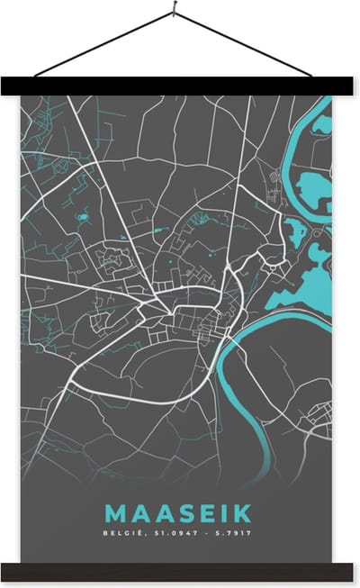 Posterhanger incl. Poster 40x60 cm - Schoolplaat - Plattegrond – Maaseik – Blauw – Stadskaart - Kaart - Textielposter - Zwarte latten - Stadskaart