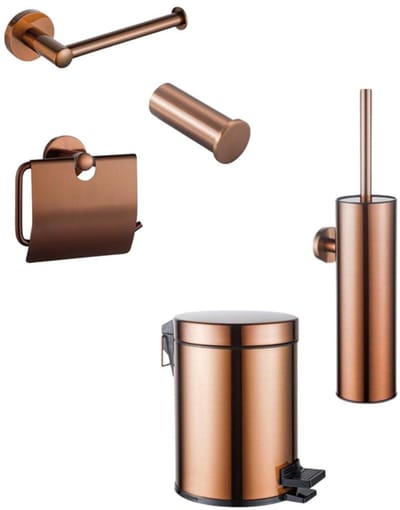 FugaFlow Eccelente Acces toiletset 5-delig - toiletrolhouder - reserverolhouder - toiletborstelhouder - handdoekhaak - pedaalemmer - Geborsteld koper PVD