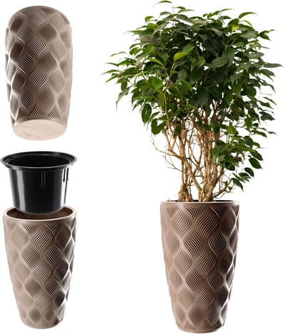 KADAX Bloempot met inzetstuk en handgrepen, plantenbak van kunststof in 5 maten, uv-bestendig, weerbestendig, hoog, met 3D-effect, beige, hoog