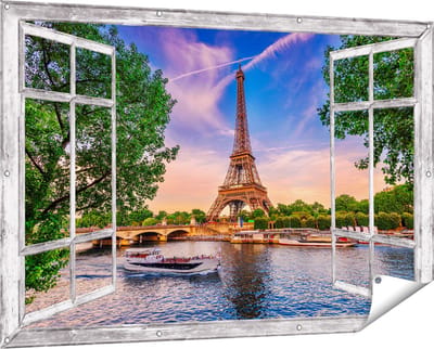 Gards Tuinposter Doorkijk Eiffeltoren in Parijs aan het Water - Kleur - 150x100 cm - Tuindoek - Tuindecoratie - Wanddecoratie buiten - Tuinschilderij
