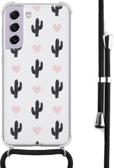 Hoesje met koord - Geschikt voor Samsung Galaxy S21 FE - Cactus - Verstelbaar zwart koord - Crossbody - Planten - Transparant, Groen - Leuke Telefoonhoesjes