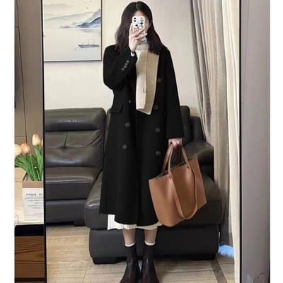 Hong Kong Stijl Effen Kleur Middellange Wollen Windjack Jas voor Vrouwelijke Studenten Herfst en Winter Koreaanse Stijl Hepburn Stijl Losse Warme Jas 2XL black