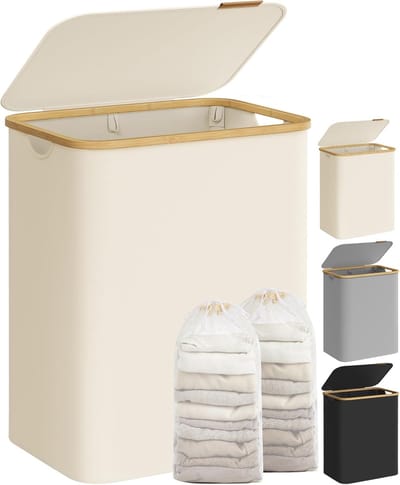 SONGMICS LCB513W01 Wasmand met deksel met 2 vakken, 130 liter, uitneembare waszak, Oxford-stof, handgrepen van bamboe, opvouwbaar, 52 x 38,5 x 70,5 cm, crèmewit