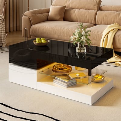 Moderne salontafel - met LED-verlichting - ondersteunt APP- en Bluetooth-bediening - glazen plank en hoogglans oppervlak - wit-zwart