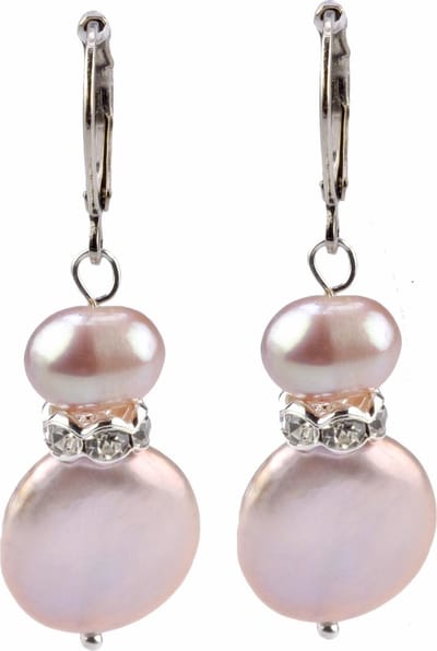 Zoetwater parel oorbellen Conny Bling Pink - oorhangers - echte parels - sterling zilver (925) - roze - stras steentjes - sieraden zakje - parel oorbellen dames