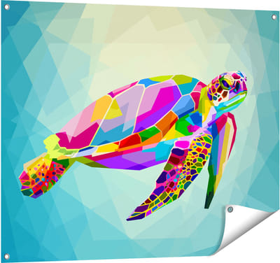 Gards Tuinposter Kleurrijke Schildpad in het Water - 100x80 cm - Tuindoek - Tuindecoratie - Wanddecoratie buiten - Tuinschilderij