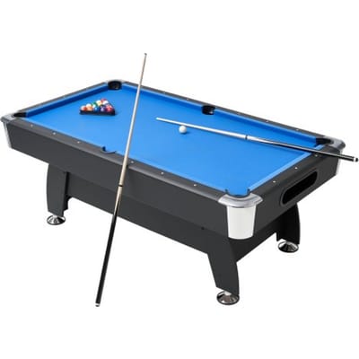 VEVOR Pooltafel 213cm Moderne Speeltafel met Verstelbare Poten, Complete Set Inclusief Ballen / Keuen / Standaard / Krijt / Borstel, voor Speelkamer/recreatieruimtes Zwart Met Blauw Kleed