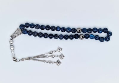 Handgemaakte tesbih "tasbih" natuursteen "Blauwe harmonie" - Aantal kralen 33 - Diameter kralen 10 MM - met metaal tassel "model 8" - Een mooi cadeau-idee