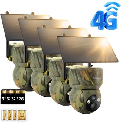 usogood 4G LTE-wildcamera op zonne-energie - 360° 2K - met simkaart en 32 GB geheugenkaart - app voor mobiele gegevensoverdracht - waterdicht - 7800 mAh-batterij - 4Stuks