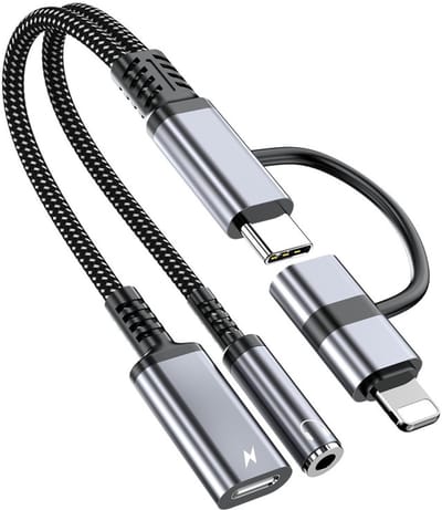 4-in-1 USB-C en 8-pin (geschikt voor Lightning) naar USB-C en 3.5mm Audio Adapter - AUX - Aluminium - Grijs