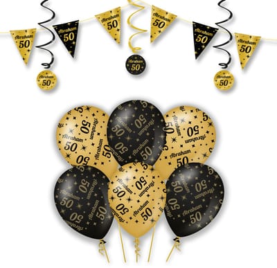 LUQ – Statement Set Abraham – Zwart-Goud – Verjaardag Party Feestpakket Decoraties – Luxe Ballonnen-Slingers-Vlaggenlijn