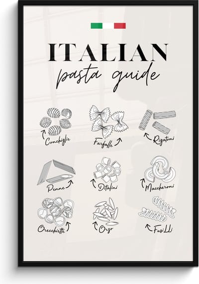 Fotolijst inclusief poster - Posterlijst 80x120 cm - Posters - Pasta soorten - Italië - Eten - Eetkamer - Foto in lijst - Keuken decoratie muur - Wanddecoratie accessoires - Muurdecoratie - Schilderijen