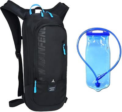 CarryQuest® - 6L Ultralight Outdoor Sport Rugzak + Blaas - Waterdichte Polyester Daypack met Drinksysteem, Rugventilatie, Waterreservoirvak & Front-/Toploader - 46x22x7 cm - Zwart
