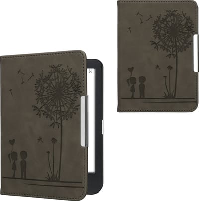 kwmobile ereader hoesje van kunstleer - geschikt voor Kobo Clara BW / Colour - Met magneetsluiting - In grijs Paardenbloemen Liefde design