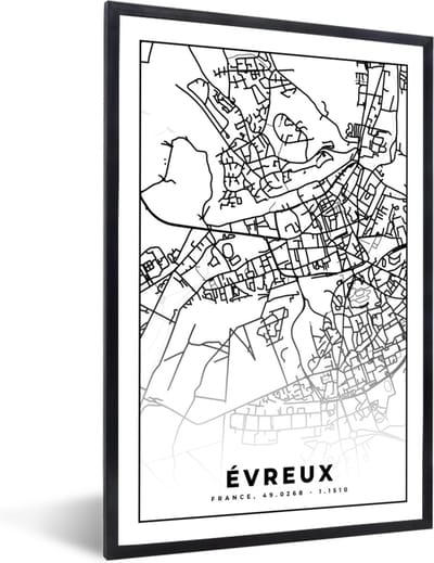 Fotolijst incl. Poster Zwart Wit- Stadskaart – Plattegrond – Évreux - Kaart – Frankrijk - Zwart wit - 40x60 cm - Posterlijst