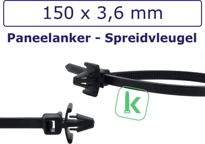 PRO-TIE® - Tyraps, kabelbinders met paneelanker / spreidvleugel (Wing Push-Mount) 150 x 3,6 mm Zwart UV-Bestendig (Zak 100 stuks) (tiewrap/tyrap/tie-wrap/bundelbandje/colsonbandje/)