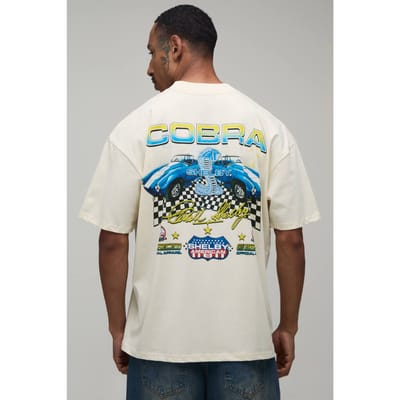 Ecru Oversized T-shirt Met Shelby Cobra Auto Kentekenplaat Print | Size Small