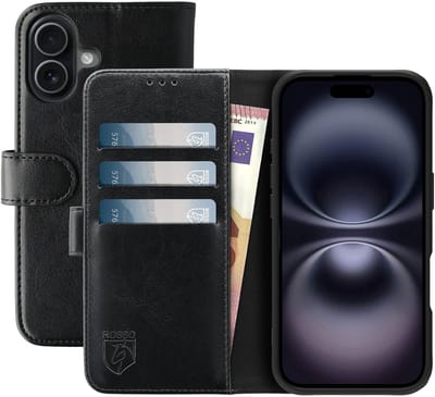 Rosso Element Geschikt voor Apple iPhone 16 | Wallet Book Case | Portemonnee Hoesje | 3 Pasjes | Magneetsluiting | Stand Functie | Zwart