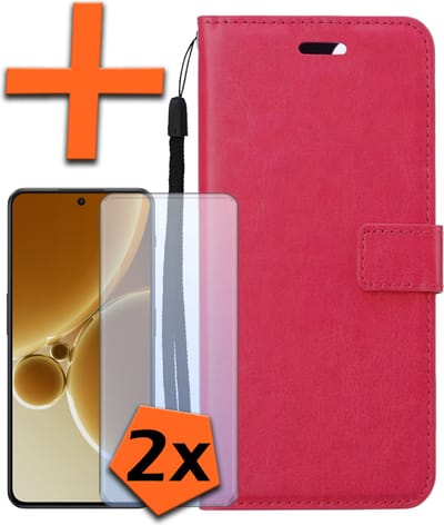 Hoes - Met 2x Screenprotector - Geschikt voor OnePlus Nord 3 - Luxe Pasjeshouder - Bookcase Portemonee - Flip Case - Kunstleer Book Case - Flipcase Hoes - Book Cover - Walletcase - PortemonneeHoes - Donkerroze