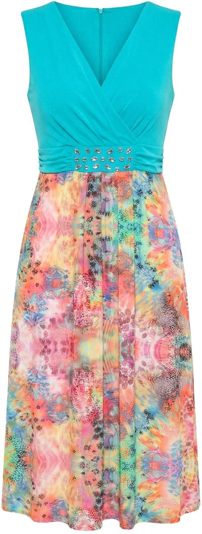 MIAMODA - Dames - Jersey jurk mouwloze A-lijn rok met print siersteentjes - Licht turkoois - Maat 46