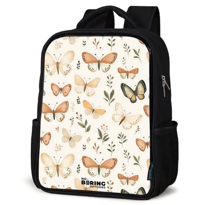 NoBoringSuitcases.com® - Rugzak zwart - Schooltas jongen & meisje - Vlinders in beige en oranjetinten tussen groene blaadjes - Rugtas voor school - Boekentas kind - Schoolrugzak - Kinderrugzak